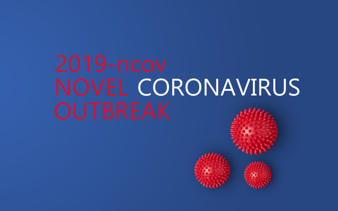 Abstarct virus strain model of Novel coronavirus 2019-nCoV with text on blue background. Virus Pandemic Protection Concept