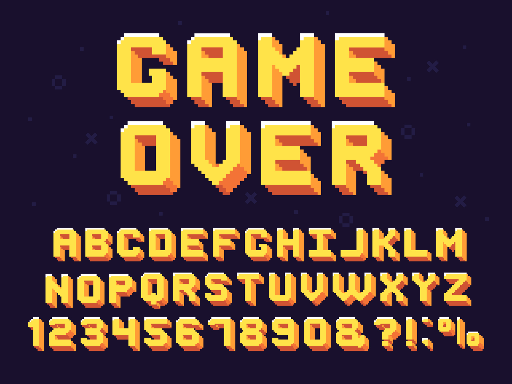 Video game screen reads: Game Over ABCDEFGHIJKLMNOPQRSTUVWXYZ12345678908,?!:%