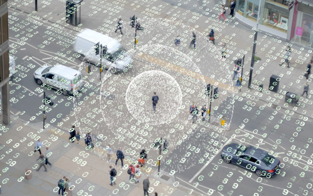 Technology illustration of how data follows people. Rows of numbers surround a man walking down the street.