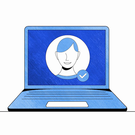 Illustration of laptop, computer monitor with a cartoon face representing a digital identity