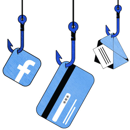 Illustration of credit card, email, and social media icons on hooks symbolizing the potentially dangers of personal information.