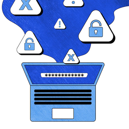 Illustration of laptop with passwords exposed and data breached