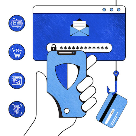 Illustration of mobile phone and computer window surrounded by icons representing tips to protect yourself.