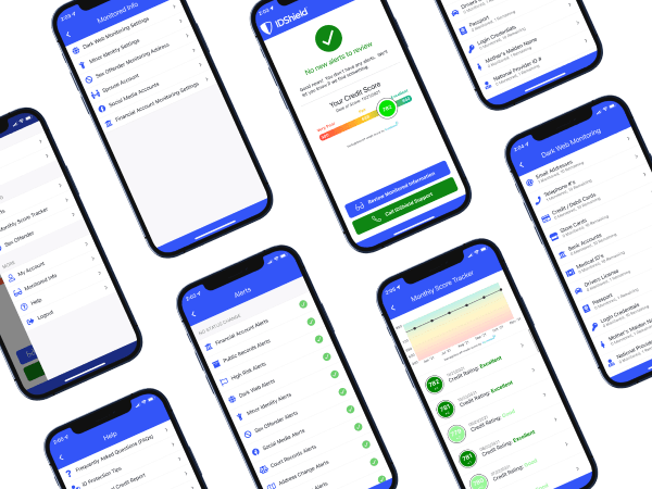 The IDShield app displaying on multiple phone screens